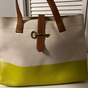 Canvas fossil tote, two toned, beige and chartreuse